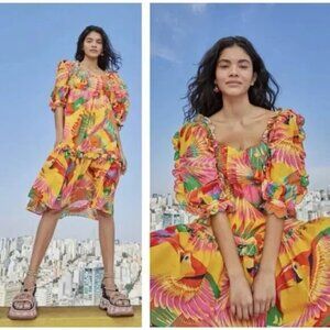 Colorful Toucans Scalloped Midi Dress Women’s Lined Ruffled